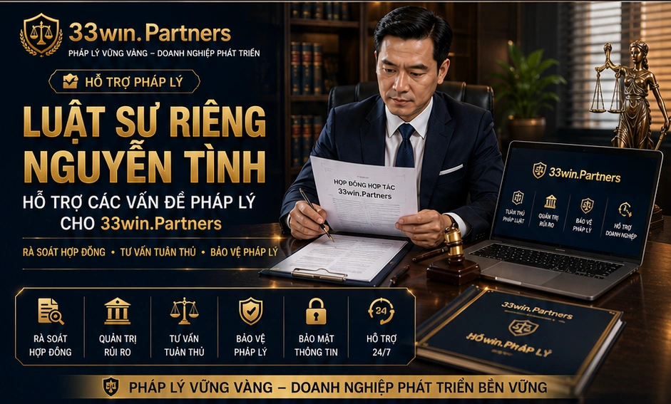 Luật sư riêng Nguyễn Tình hỗ trợ các vấn đề pháp lý cho 33win.Partners